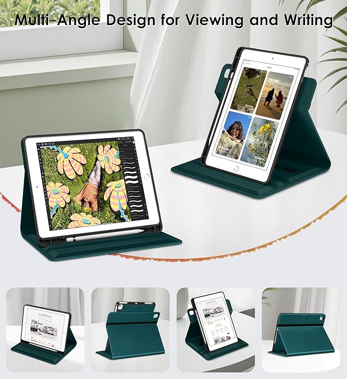 DTTO for iPad 6th / 5th Generation 9.7 Inch (2018/2017) iPad Air 2 / Air 1 Case 360 Degree Rotating Premium Leather Folio Stand Cover with Pencil Holder Green