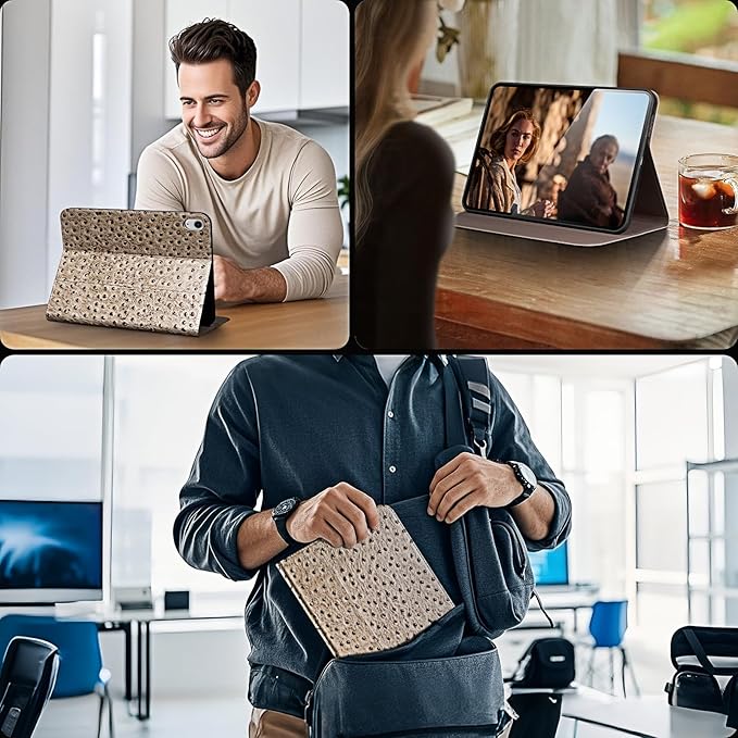 Gexmil Leather Case for iPad (A16) 11th Generation 11 Inch 2025 iPad 10th Generation 10.9 Inch 2022Protective Top Grain Leather Cover Support Auto Sleep/WakeAnti SlipKhaki Ostrich Grain