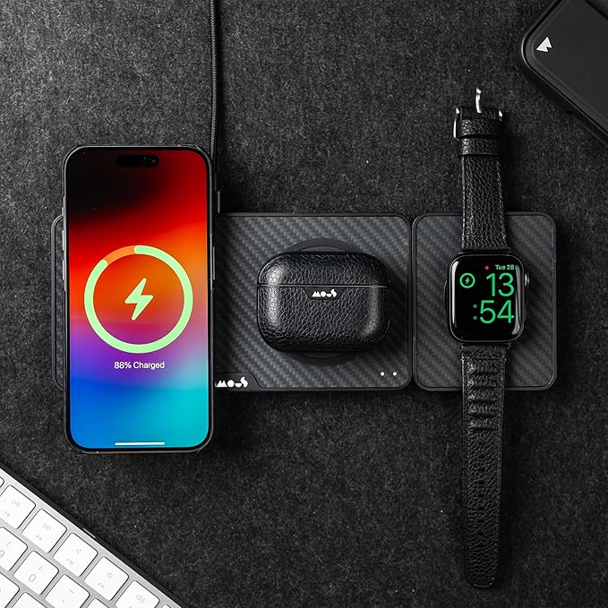 Mous - Dual Charging Station with Qi2 up to 15W Fast Charge - MagSafe Charger Compatible with iPhone 17/16/15/14/13/12 Pixel 10 Series and Airpods - USB-C Cable - Aramid Fibre