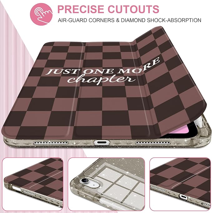 TWOLSKOO Sparkly Case for iPad Pro 11 inch (M5 2025 / M4 2024) Glitter Hard Acrylic Back with Pencil Holder Slim Trifold Stand Folio Cover Auto Sleep/Wake Brown Checkerboard