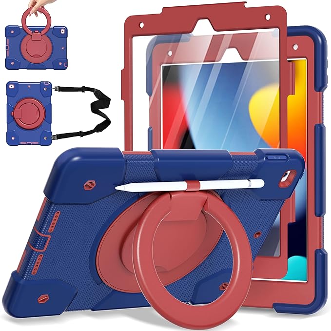 Case for iPad 9th/8th/7th Generation 10.2 inch Shockproof Cover with Screen Protector/360° Rotate Stand/Pencil Holder/Shoulder Strap Kids Case for iPad 2021/2020/2019 (Navy+Red)