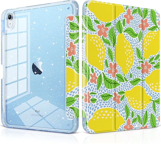MEEgoodo Case for iPad A16 11th Generation 2025/10th Generation 2022 Glitter Tablet Cases with Transparent Acrylic Back+Trifold Stand +Pencil Holder+Auto Wake/SleepLemon Fruit Pattern