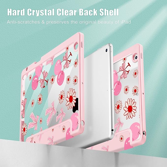 for iPad 9th Generation with Pencil Holder iPad 8th/7th Gen Case 10.2-inch [Built in Pencil Holder] Trifold Stand Auto Wake/Sleep Clear TPU Protection Back Cover Cherry Bow P705