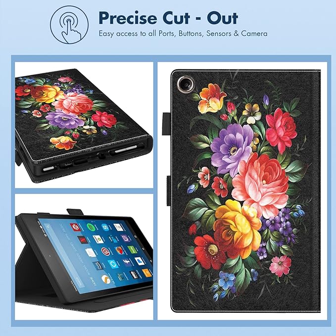 Dteck for Fire HD 8 (8th/7th/6th Generation) Smart Folio Case 2018/2017/2016 Release (8) with Auto Sleep Wake/Stand/Adjustable Viewing Angle/Stylus PU Leather Protective Slim Cover Flowers Black