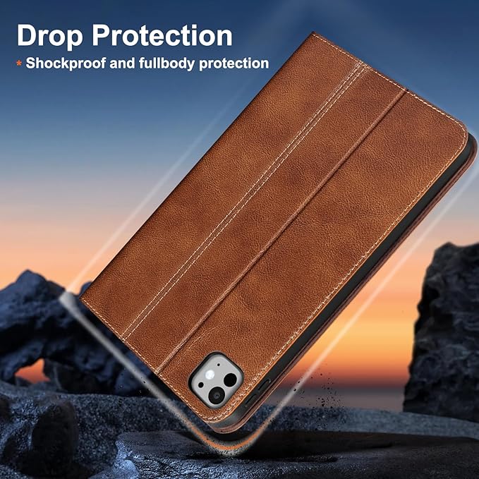Gexmil Genuine Leather Case for iPad Pro 11 Inch (M5/M4) 2025/2024 with Adjustable StandProtective Shockproof Premium Leather Smart Folio Cover Auto Sleep/Wake Anti-SlipVegetable Tanned Brown