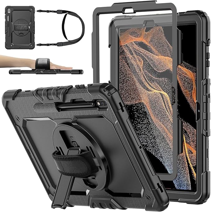 Case for Samsung Galaxy Tab S8 Plus 2022/S7 FE/S7 Plus 5G 12.4-inch Tablet Case Protective [with Screen Protector] Rotatable Kickstand S Pen Holder Hand/Shoulder Strap (Black)