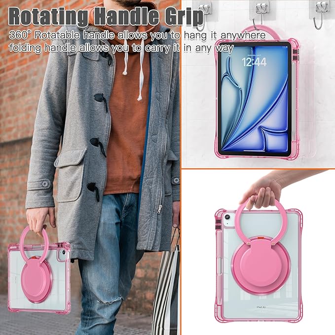 Shockproof Case for iPad Air 11'' (M4 2026/M3 2025/M2 2024)/ iPad Air 10.9'' Air 5th /4th Gen PC Clear Tablet Cases with Rotating Stand for Kids Rose