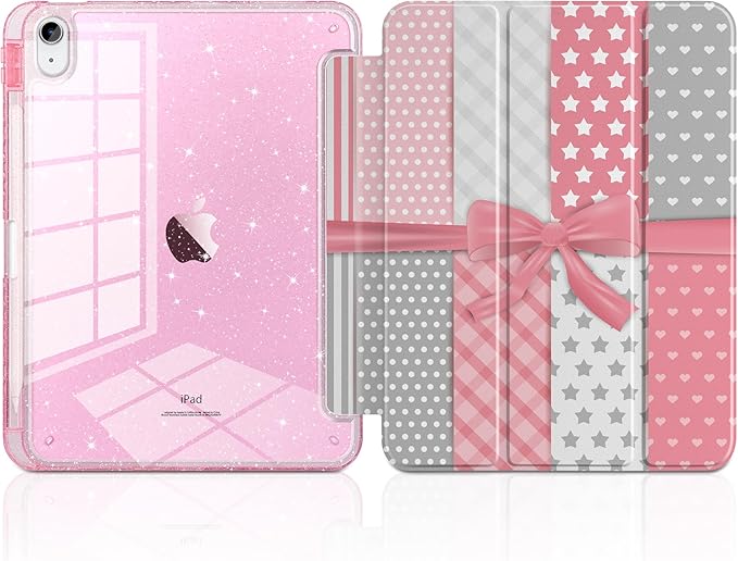 MEEgoodo Case for iPad A16 11th Generation 2025/10th Generation 2022 Glitter Tablet Cases with Transparent Acrylic Back+Trifold Stand +Pencil Holder+Auto Wake/SleepMixed-Style Pink Bow