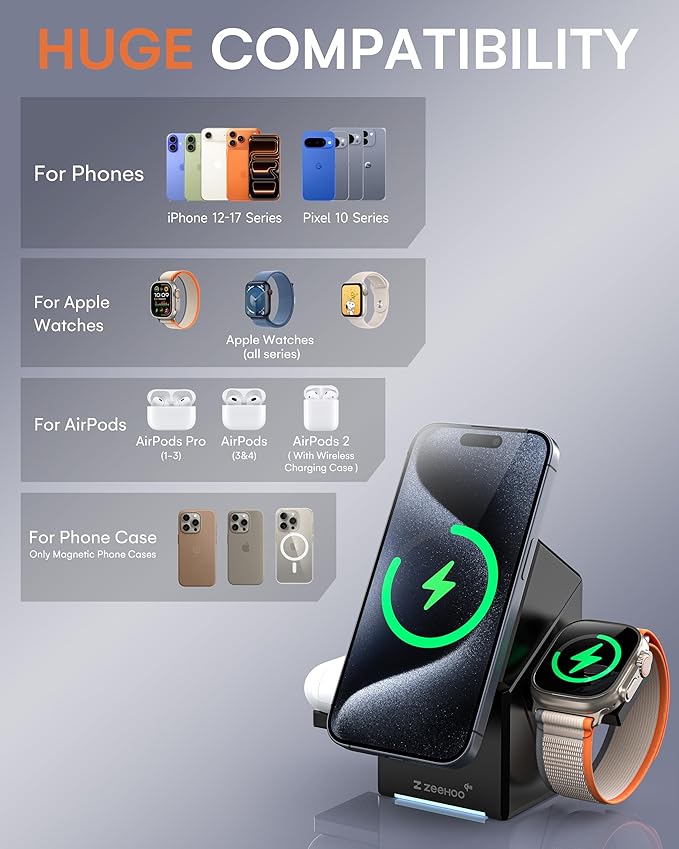 ZEEHOO 3 in 1 Charging Station iPhone Charging Station for Apple MagSafe Charger Qi2 Certified 15W Fast Wireless Charger for Apple Watch for iPhone 1716 15141312 Series AirPods (Black)