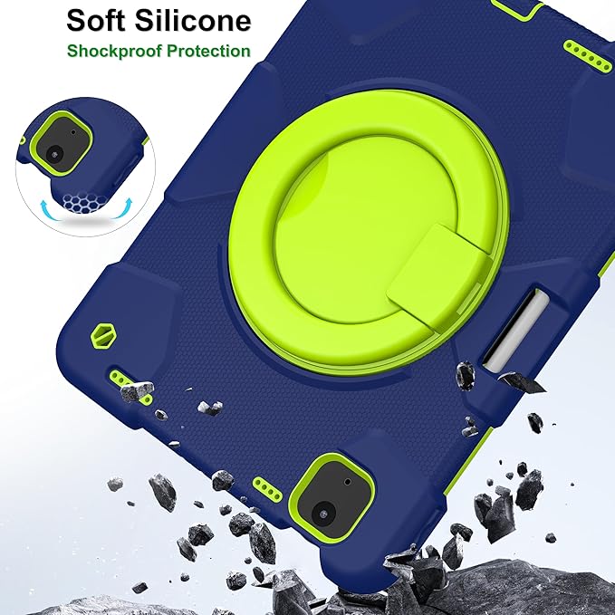 Case for iPad Air 11 inch Case M3 2025/ M2 2024 (Air 7th/6th Generation) Heavy Duty Shockproof Cover with Screen Protector 360° Rotating Stand Pencil Holder Shoulder Strap (Navy+Green)