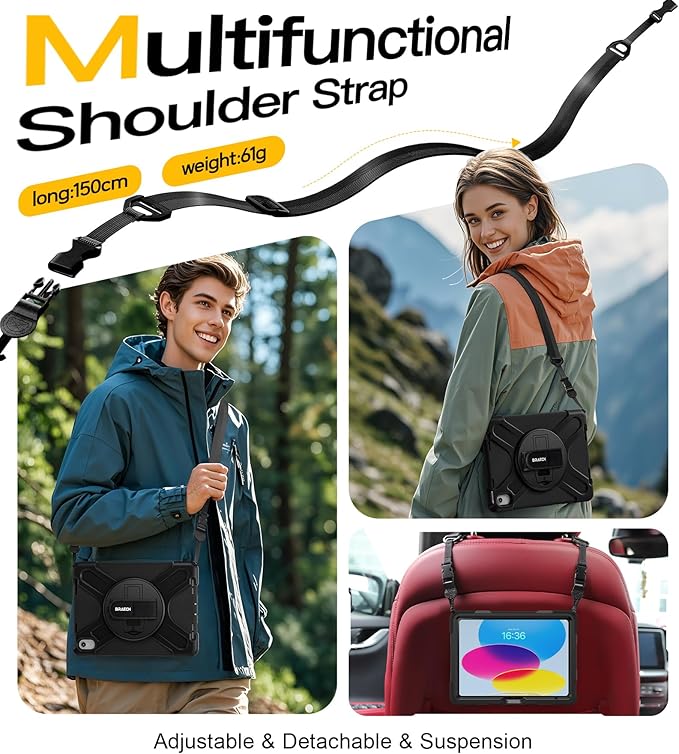 BRAECN for iPad (A16) 11th/10th Generation case 11/10.9 inch 2025/2022 Heavy Duty Shockproof Protective with Pencil Holder Screen Protector 360°Rotating Stand Handle &amp Shoulder Strap Full Body Cov