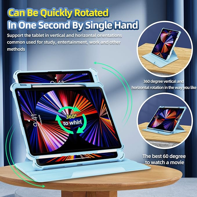 Rotating Case for iPad Pro 12.9 6th/5th/4th Gen 2022/2021/2020 Smart Cover with Pencil Holder Techcircle Hybrid TPU+PC Magnetic Cover Soft Bumper Slim Folio Shockproof Protective Case-Black