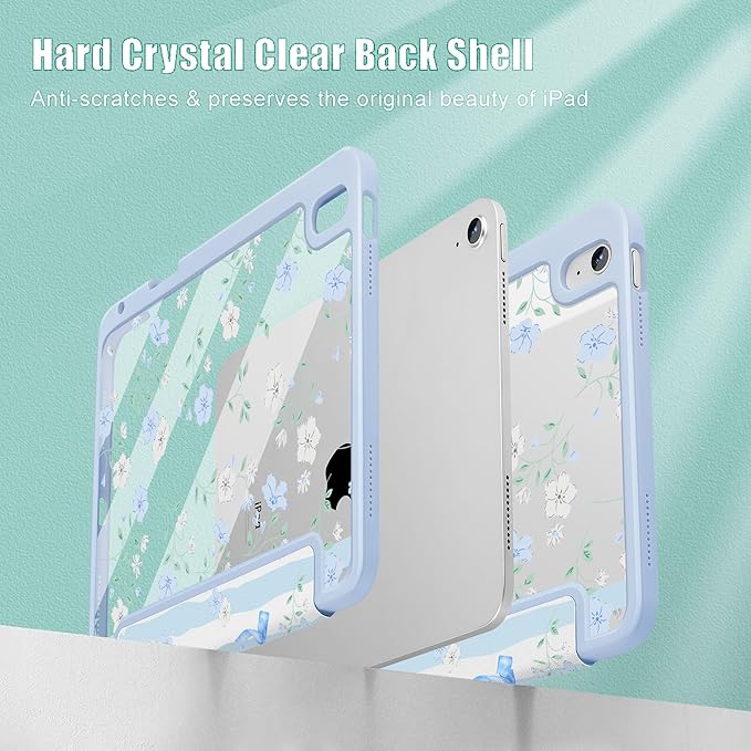 May Chen Case for iPad Air 13 Inch M4 2026 M3 2025 M2 2024 [Built-in Pencil Holder] Shockproof Cover with Clear Transparent Back Shell Auto Sleep/Wake Cover Flower Blue Waves