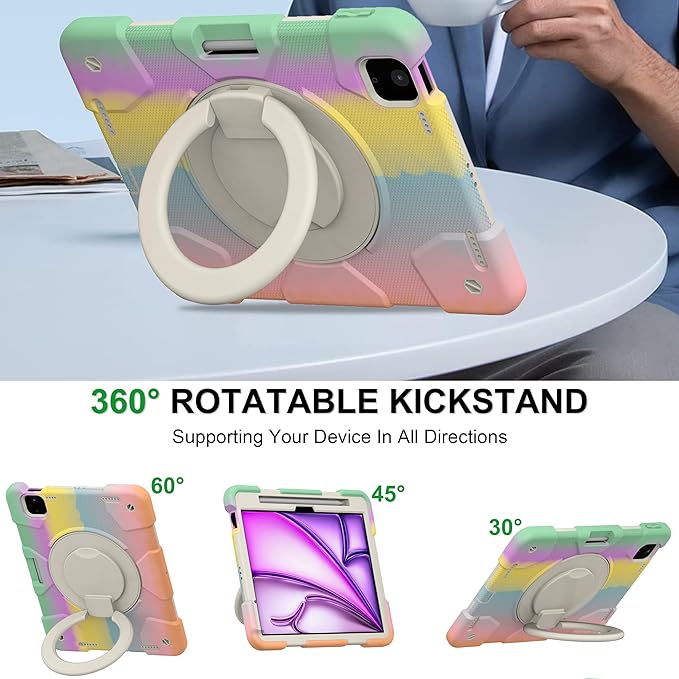 Case for iPad Air 11 inch Case M3 2025/ M2 2024 (Air 7th/6th Generation) Heavy Duty Shockproof Cover with Screen Protector 360° Rotating Stand Pencil Holder Shoulder Strap (Colorful Pink)