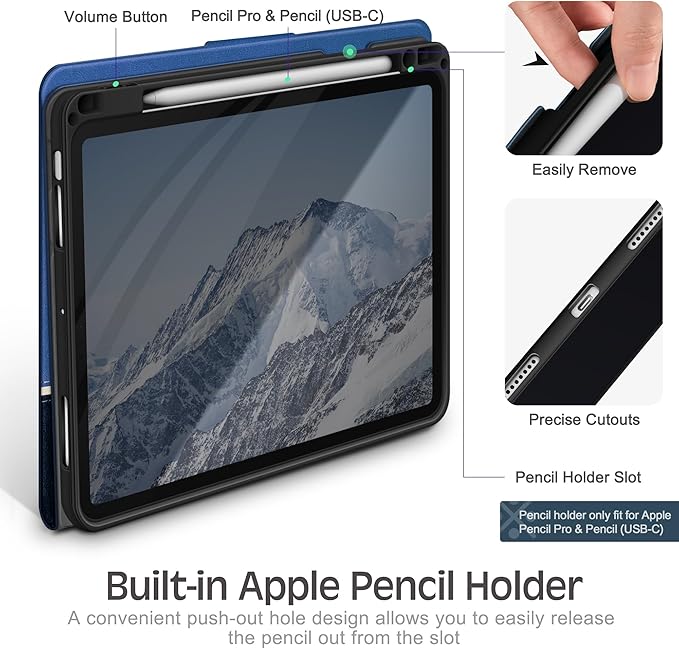 KingBlanc for iPad Air 11-inch Case M4 2026/M3 2025/M2 2024 iPad Air 5th/4th Generation (2022/2020 10.9) with Pencil Holder Vegan Leather Stand Cover Auto Sleep Wake Viewing/Typing Angle Blue