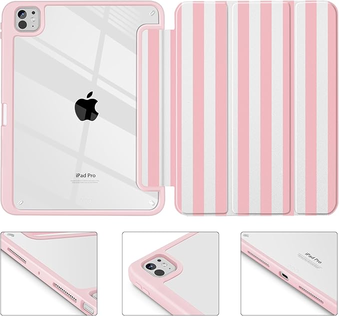 May Chen Case for iPad Pro 11-Inch M5/M4 2025/2024 (6th/5th Generation) [Penceil Holder] Trifold Stand Auto Wake/Sleep Clear TPU Protection Back Cover Pink Stripes