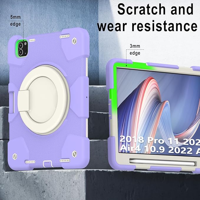 SCSVPN for iPad Air 5th/4th Generation Case 10.9'' Protective Kids Case for iPad Pro 11 Inch 2022 2021 2020 2018(4th/3rd/2nd/1st gen) with Pencil Holder-Rotation Stand/Handle-Shoulder Strap Purple