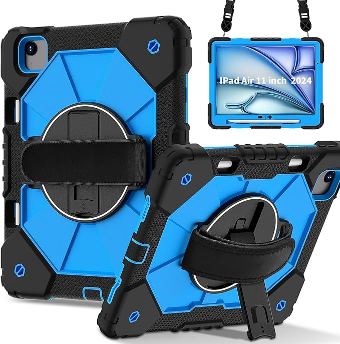 Case for iPad Air 11 inch M2 2024Tablet case for iPad Air 6th Generation Kids case Shockproof Protective with 360° Rotate Kickstand Hand Strap Shoulder Strap Cover Black/Blue