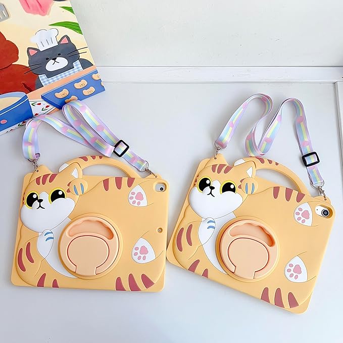 3D Cute Vivid Cat Case for iPad 9th/8th/7th 10.2 inch/Air 3rd 2019 /Pro 2017 10.5 inchKawaii Cartoon Character Pretty Cat Soft Silicone Rotating Stand Case with Lanyard for Kids Teens Girls Women