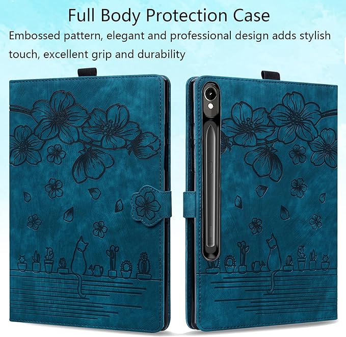 Case for Samsung Galaxy Tab S10 FE+/S10 FE Plus 13.1 Inch 2025 (SM-X620/SM-X626B) with Pencil Holder/Pockets Folio Stand Embossed Cherry Blossom PU Leather Magnetic Wallet Cover Blue Cat