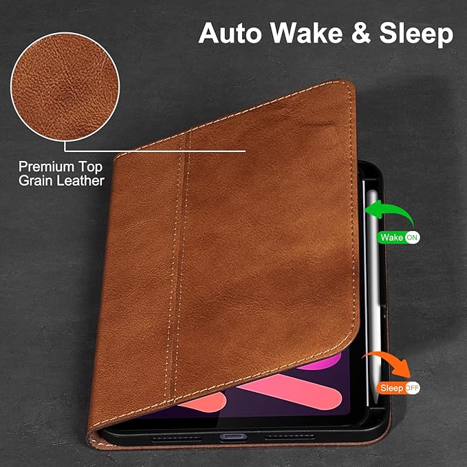 Gexmil Leather Case for iPad mini 7 (A17 Pro) 2024 / iPad mini 6 Generation 2021 8.3 InchPremium Cowhide Cover with Pencil HolderAdjustable Stand Auto Wake/SleepVegetable Tanned Brown