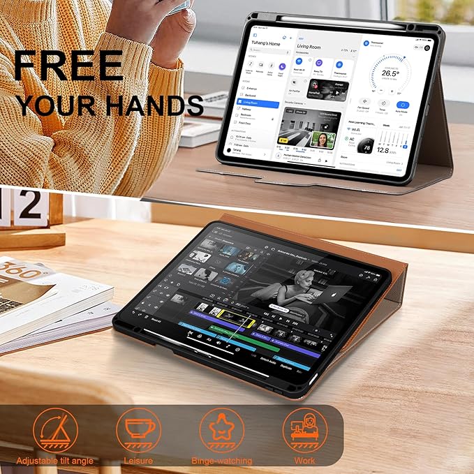 for iPad Air 13 inch Case 2024/2025 M3/M2 Model Premium Smart Folio Cover with Auto Wake/Sleep Apple Pencil 2 Holder Multi-Angle Stand and Secure Buckle Closure (Brown)