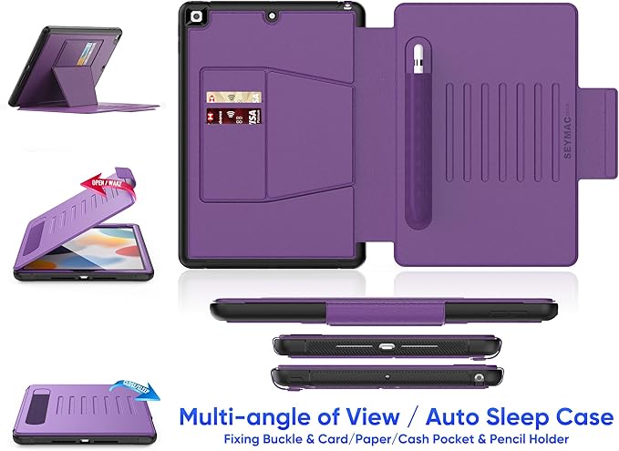 SEYMAC stock Case for iPad 9th/8th/7th Generation 10.2'' Strong Magnetic Auto Sleep Shockproof Case with Absorbing Multi-Angles Stand Pen Holder Card Slot (Purple)