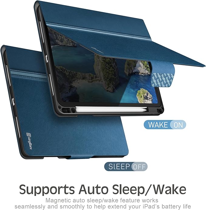 KingBlanc for iPad Air 13-inch Case (M4 2026/M3 2025/M2 2024) with Pencil Holder PU Leather Durable Protective Stand Cover Auto Wake/Sleep Multi-Angle for Viewing/Typing Magnetic Clasp Blue
