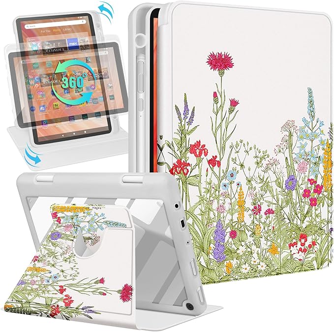 Kidcube for Kindle Fire HD 10/10 Plus Tablet Case - 13th/11th Generation (2023/2021) 10.1 Women Girls Cute Flower Floral Design Rotating Stand Pencil Holder Folio Cases for Amazon Fire HD 10/10 Plus