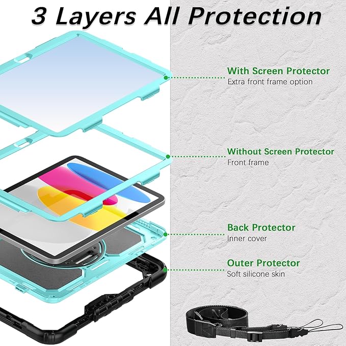 Weuiean Case for iPad A16 11th/10th Generation 11/10.9 Military-Grade Heavy-Duty Shockproof Cover with 360° Rotating Stand Built-in Pencil Holder &amp Adjustable Hand/Shoulder Strap - SkyBlue+Bla