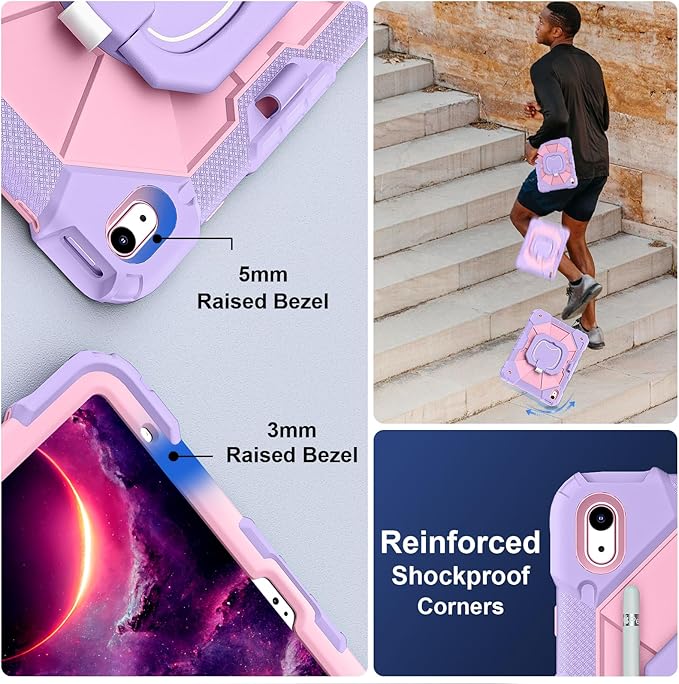 Case for iPad (A16) 11th Generation 11 Inch (2025) iPad 10th Generation Case 10.9 Inch (2022) Shockproof Cover with 360° Rotating Stand Screen Protector Pen Holder Shoulder Strap Purple Pink