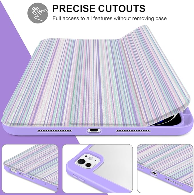 TWOLSKOO Case for iPad Pro 11-inch (M5 2025 / M4 2024) Clear Acrylic Back with TPU Bumper Pencil Holder Trifold Stand Auto Sleep/Wake Purple Stripes