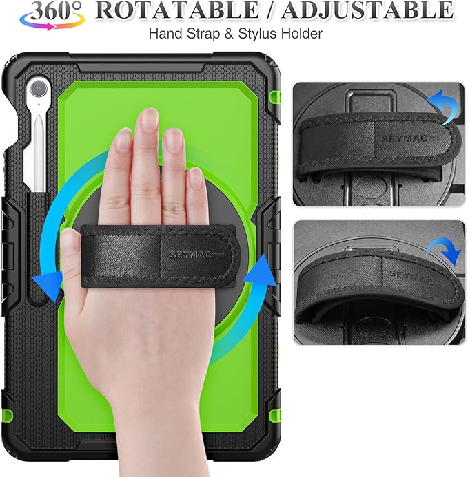 SEYMAC stock Case for Samsung Galaxy Tab S10 FE+ Plus 5G Tablet Case 13.1'' Protective with Screen Protector Pen Holder 360 Rotate Stand Hand Strap Shoulder Strap Green1