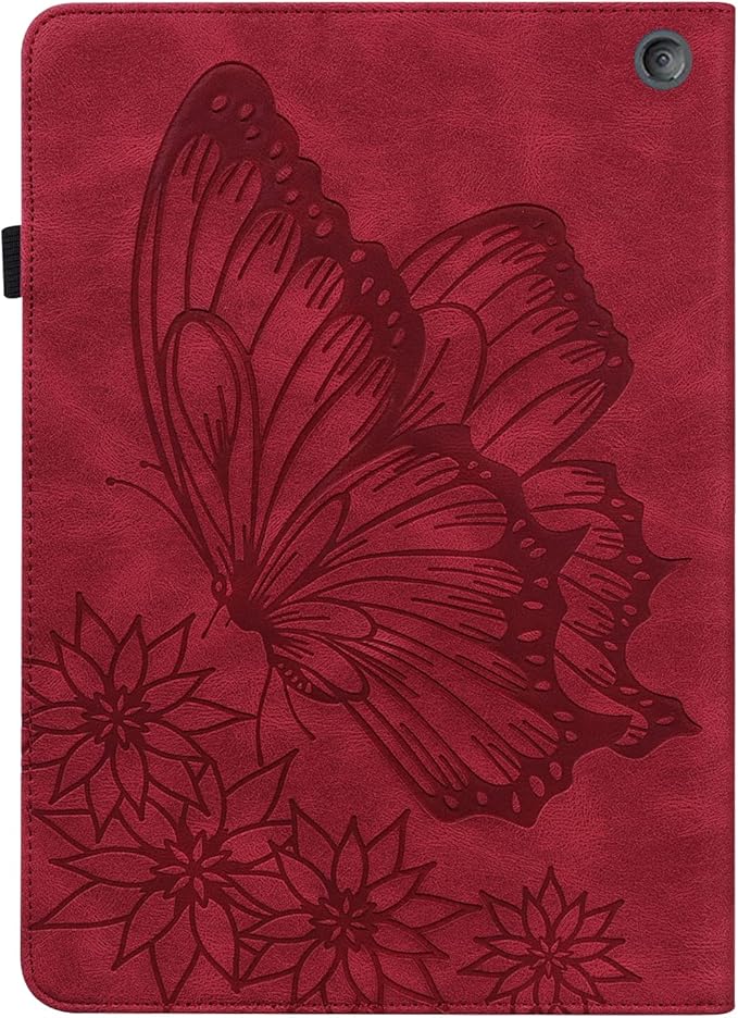 for Amazon Kindle Fire HD 10 &amp HD 10 Plus Case 13th/11th Generation 10.1 inch (2023/2021) Folio Stand Embossed PU Leather Wallet Cover with Pencil Holder/Card Pockes Red Flower Butterfly