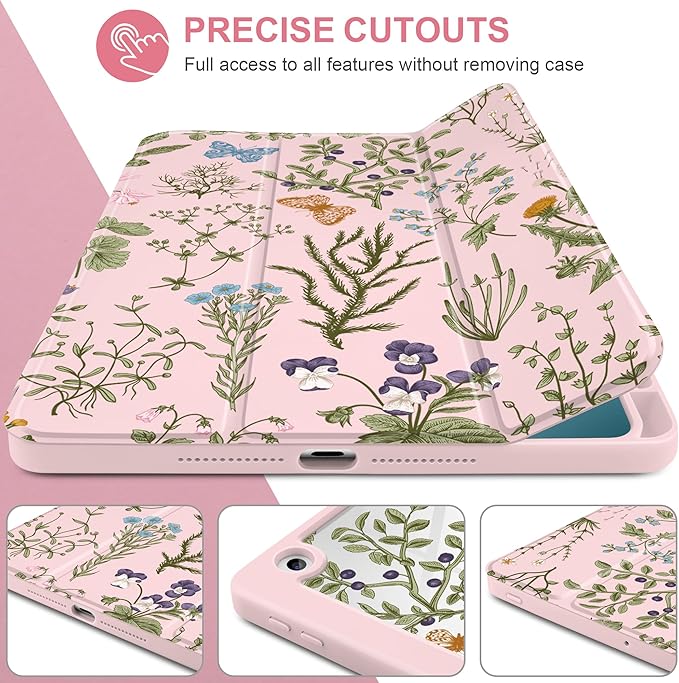DONGKE for iPad 9th/8th/7th Generation Case 10.2 Inch (2021/2020/2019) [Auto Sleep/Wake &amp Pencil Holder] Clear Acrylic Back Trifold Stand Cover Wildflower &amp Butterfly
