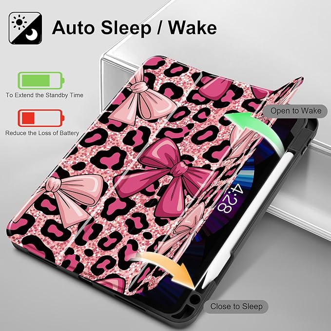 May Chen Case for iPad Pro 11 inch (4th 3rd 2nd &amp 1st Gen) 2022 2021 2020 2018Trifold Stand with Auto Wake/Sleep Soft TPU Protective Stand Back Cover Leopard Print Bow