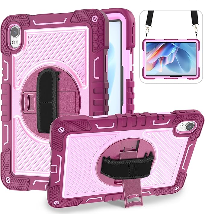 Tablet Case for Huawei MatePad Air 11.5/Huawei MatePad 11.5 S/Huawei MatePad 11.5 Tablet Shockproof Cover with 360° Rotating Stand and Wrist Strap Shoulder Strap Red Rose+Pink