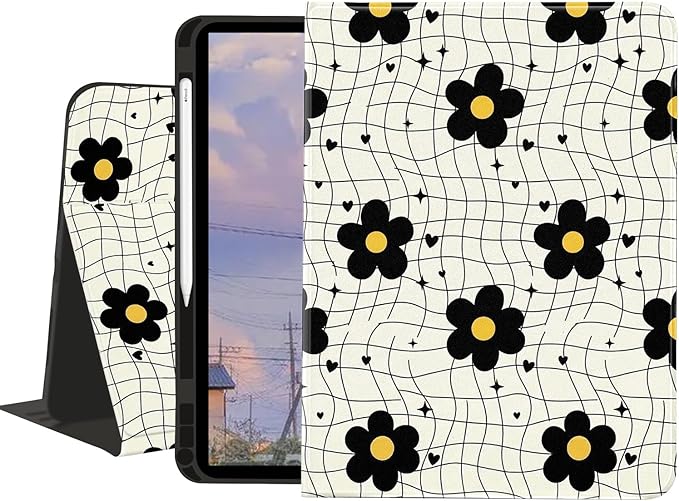 Cute Case for iPad Air 13 (M3) 2025/(M2) 2024/iPad Pro 12.9 2022/2021Abstract Line Flower Textured Folio Case with Pencil Holder Multi-Angle View Adjustable Stand Auto Wake/Sleep for Women