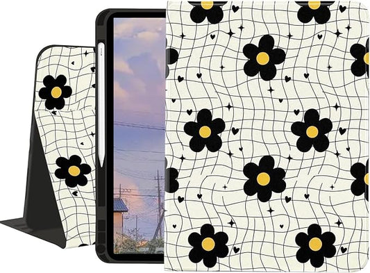 Cute Case for iPad Air 13 (M3) 2025/(M2) 2024/iPad Pro 12.9 2022/2021Abstract Line Flower Textured Folio Case with Pencil Holder Multi-Angle View Adjustable Stand Auto Wake/Sleep for Women