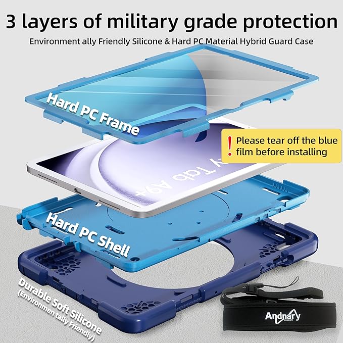 Case for Samsung Galaxy Tab A9+/A9 Plus Case 11 Inch with Screen Protector/360° Rotating Stand/Pen Holder/Shoulder Strap Shockproof Cover for Tablet A9+ 5g (Navy+Blue)
