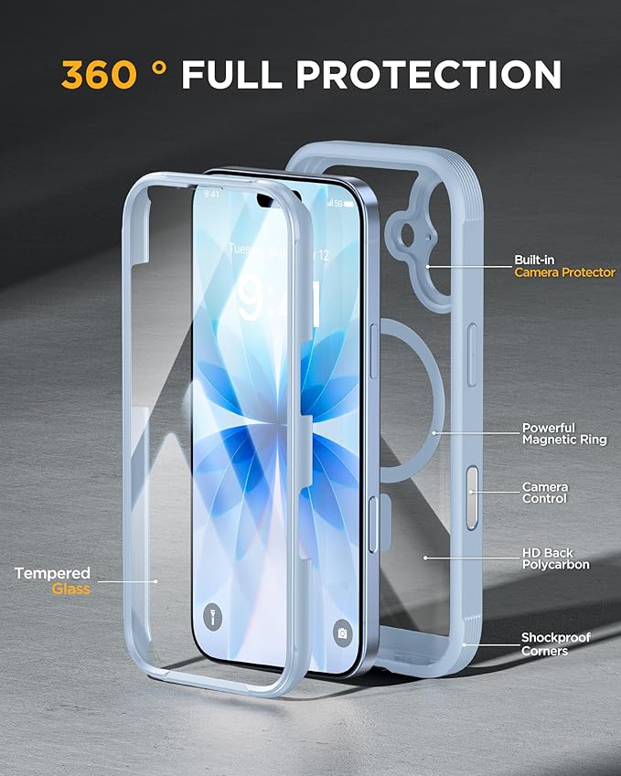 Miracase for iPhone 17 Case 6.3'' Full-Body Military Grade Drop Protection Outdoor Phone case with Built-in Glass Screen &ampCamera ControlEasy InstallationNo GapCompatible with MagSafeLight Blu