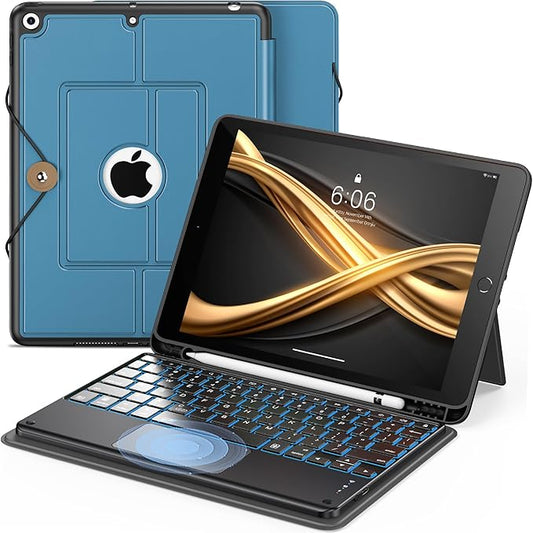 INFILAND Keyboard Case for iPad 9th/8th/7th Generation 10.2 Inch 7-Color Backlight &amp High Precision Trackpad Slim Detachable Folder Style Keyboard Case with Pencil Holder (Sky Blue)