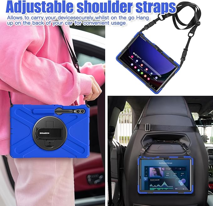BRAECNstock Case for Samsung Galaxy Tab S10+ Plus/ S9 FE+ Plus/ S9+ Plus/ S8+ Plus/ S7 FE/ S7+ Plus 5G 12.4 inch Shockproof Protective Kids Cover with Pen Holder Rotating Hand Strap &amp Stand - Blue