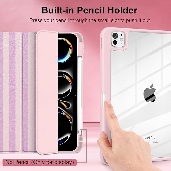 DONGKE for iPad Pro 11-Inch Case (M5 2025 / M4 2024) 6th/5th Generation [Auto Sleep/Wake &amp Pencil Pro Holder] Clear Acrylic Back Smart Trifold Stand Cover Pink Stripes