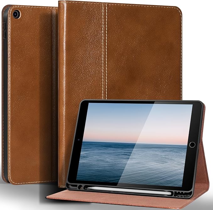 Gexmil Leather Case for iPad 10.2 Inch 9th/8th/7th Gen 2021/2020/2019Premium Cowhide Folio Cover with Pencil Holder Auto Wake/SleepAdjustable Stand Anti FingerprintYellow Brown