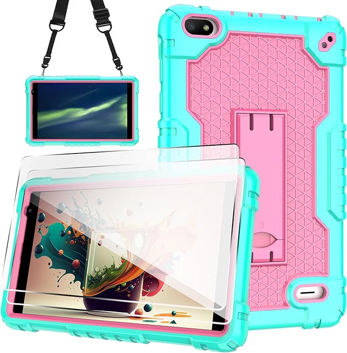 Case for BLU M8L 2022BLU M8L Plus 8 inch Tablet - [Built-in Kickstand] Anti Slip Kids Friendly Shockproof Silicone Protective Cover with Screen Protector (Green/Pink/2 PCS)