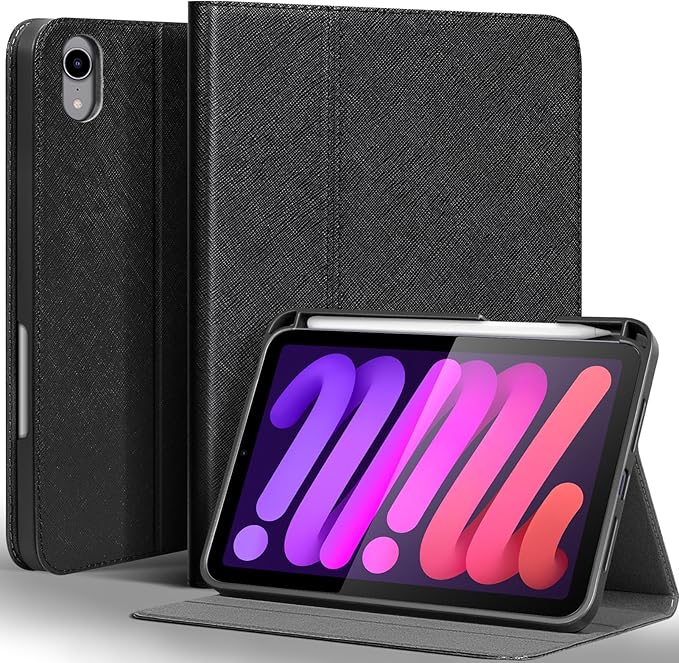 Gexmil Leather Case for iPad mini 7 (A17 Pro) 2024 / iPad mini 6 Generation 2021 8.3 InchPremium Cowhide Cover with Pencil HolderAdjustable Stand Auto Wake/SleepPalm-Print Black