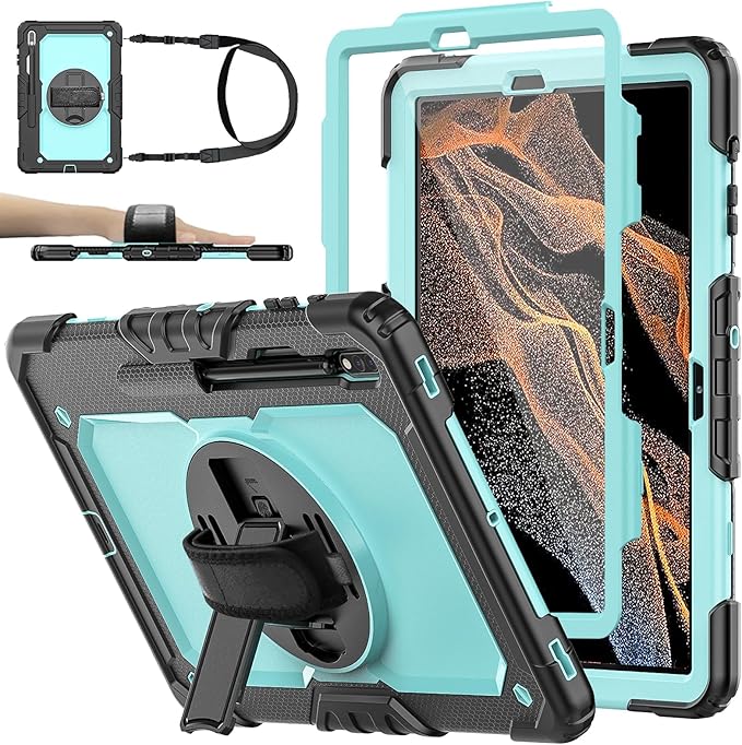 Case for Samsung Galaxy Tab S8 Plus 2022/S7 FE/S7 Plus 5G 12.4-inch Tablet Case Protective [with Screen Protector] Rotatable Kickstand S Pen Holder Hand/Shoulder Strap (SkyBlue)