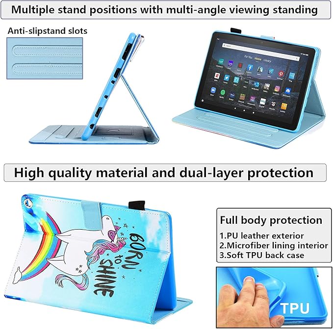 Kindle Fire HD 10 Tablet Case 9th and 7th Generation with Pencil Cards Holder UUcovers Smart Folio Stand Synthetic Leather Cover [Auto Wake/Sleep] for Amazon Fire HD 10.1 Inch 2019/2017 Blue Horse