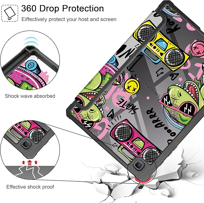 Mektron Case for Samsung Galaxy Tab S6 Lite 10.4 Inch 2024/2022/2020 with S Pen Holder Multi-Angle Viewing with Shockproof Cover Clear Shell + Trifold Stand + Auto Wake/Sleep Cool Dinosaur